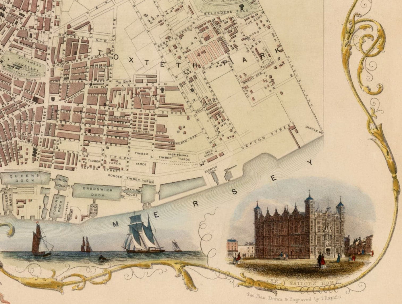 Old Colour Map Of Liverpool By Tallis Rapkin 1851 Docks Mersey old-colour-map-of-liverpool-by-tallis-rapkin-1851-docks-mersey
