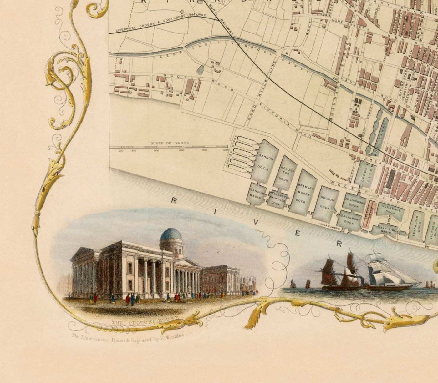 Alte Farbkarte von Liverpool von Tallis & Rapkin, 1851 - Docks, Mersey, Stadtzentrum