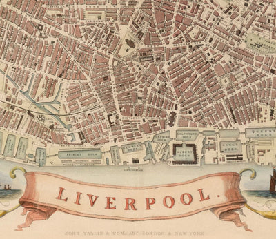 Ancienne Carte couleur de Liverpool de Tallis & Rapkin, 1851 - Docks, Mersey, Centre ville