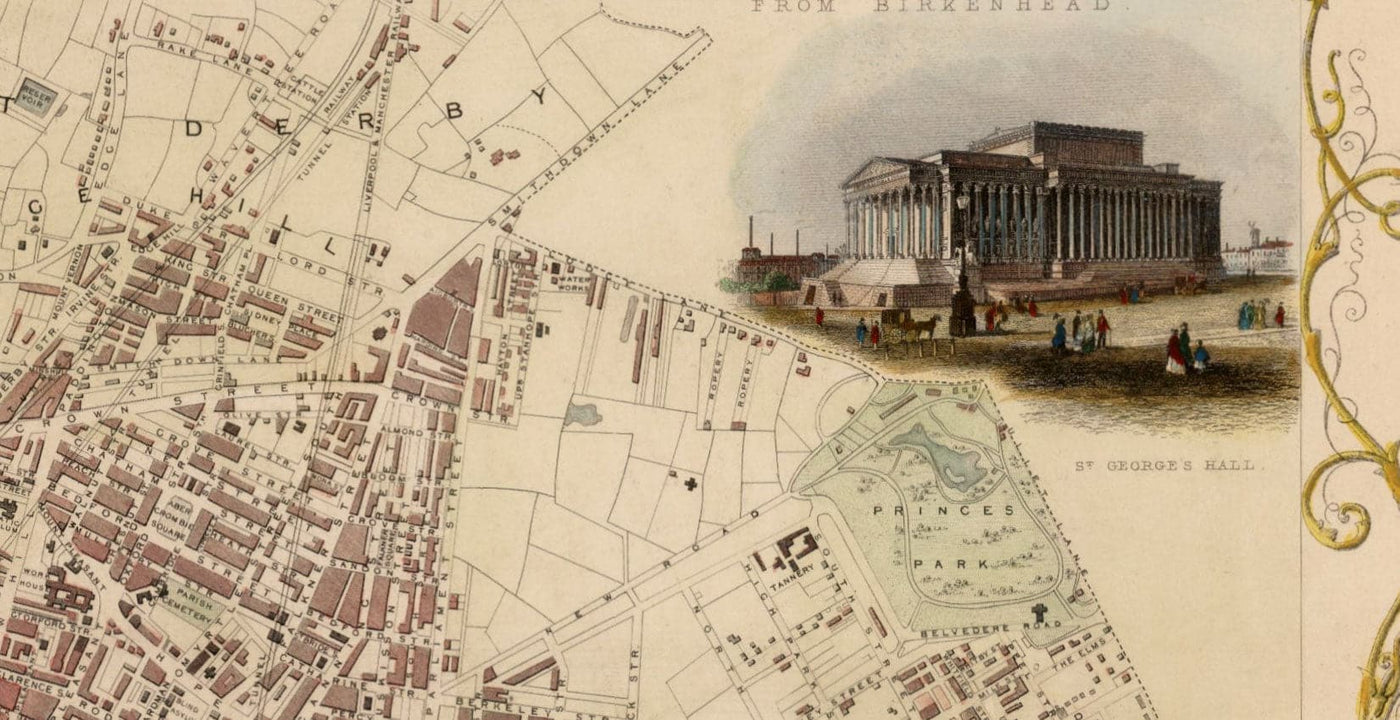 Alte Farbkarte von Liverpool von Tallis & Rapkin, 1851 - Docks, Mersey, Stadtzentrum