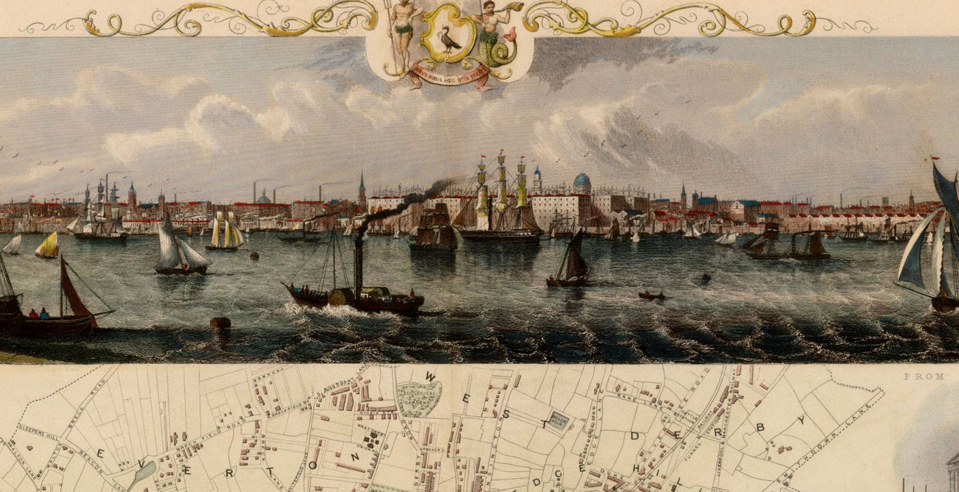 Mapa de color antiguo de Liverpool por Tallis & Rapkin, 1851 - Docks, Mersey, Centro de la ciudad