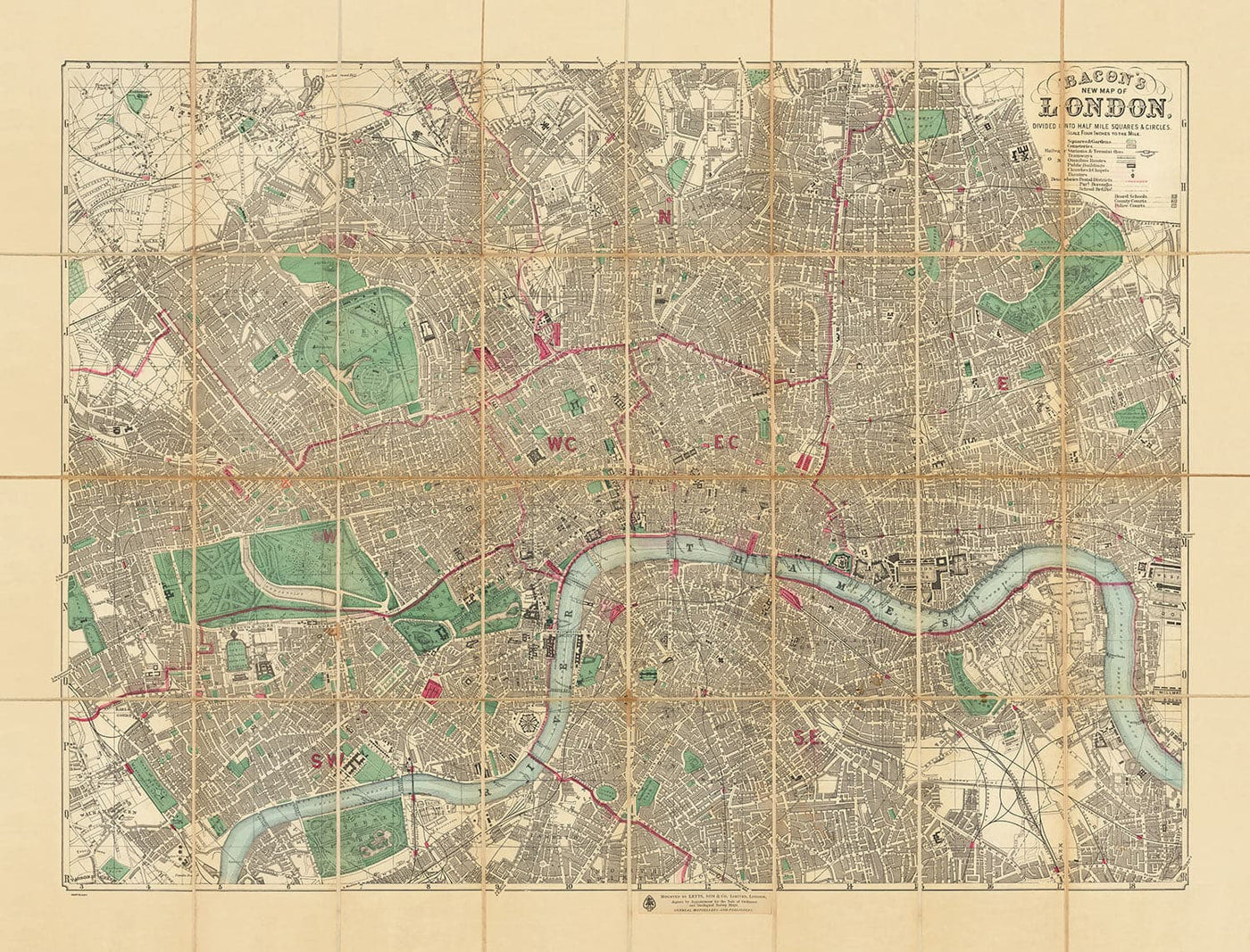 Große alte Karte von London von Bacon, 1890 - Seltene Faltwandkarte des viktorianischen Englands