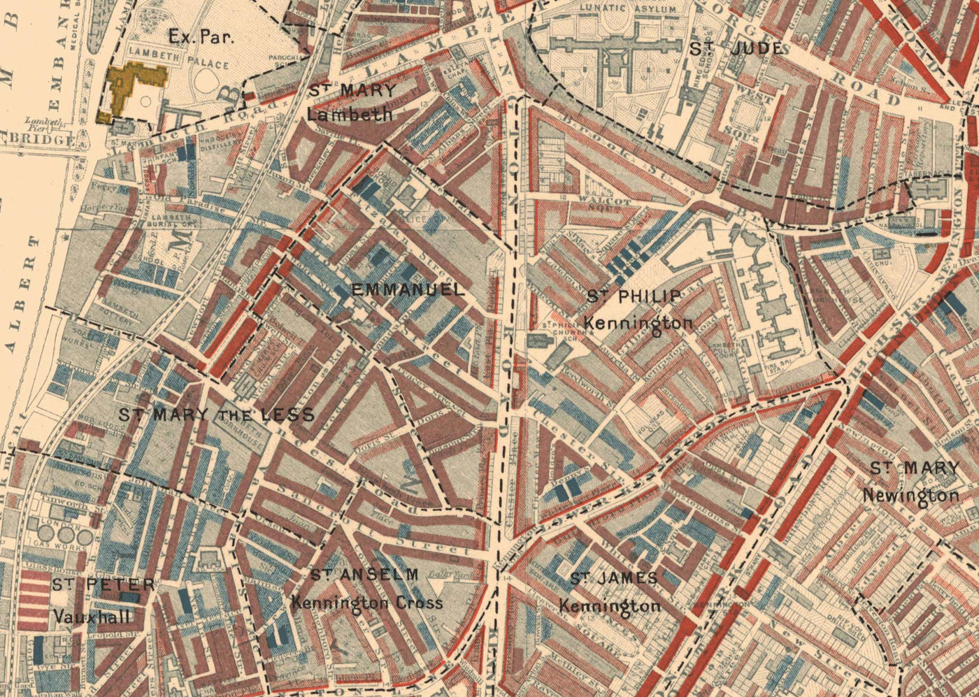 Carte de la pauvreté de Londres 1898-9, Inner Southern, par Charles Booth - Southwark, Waterloo, London Bridge, Camberwell, Peckham, Bermondsey - SE1, SE11, SE17, SE16, SE15