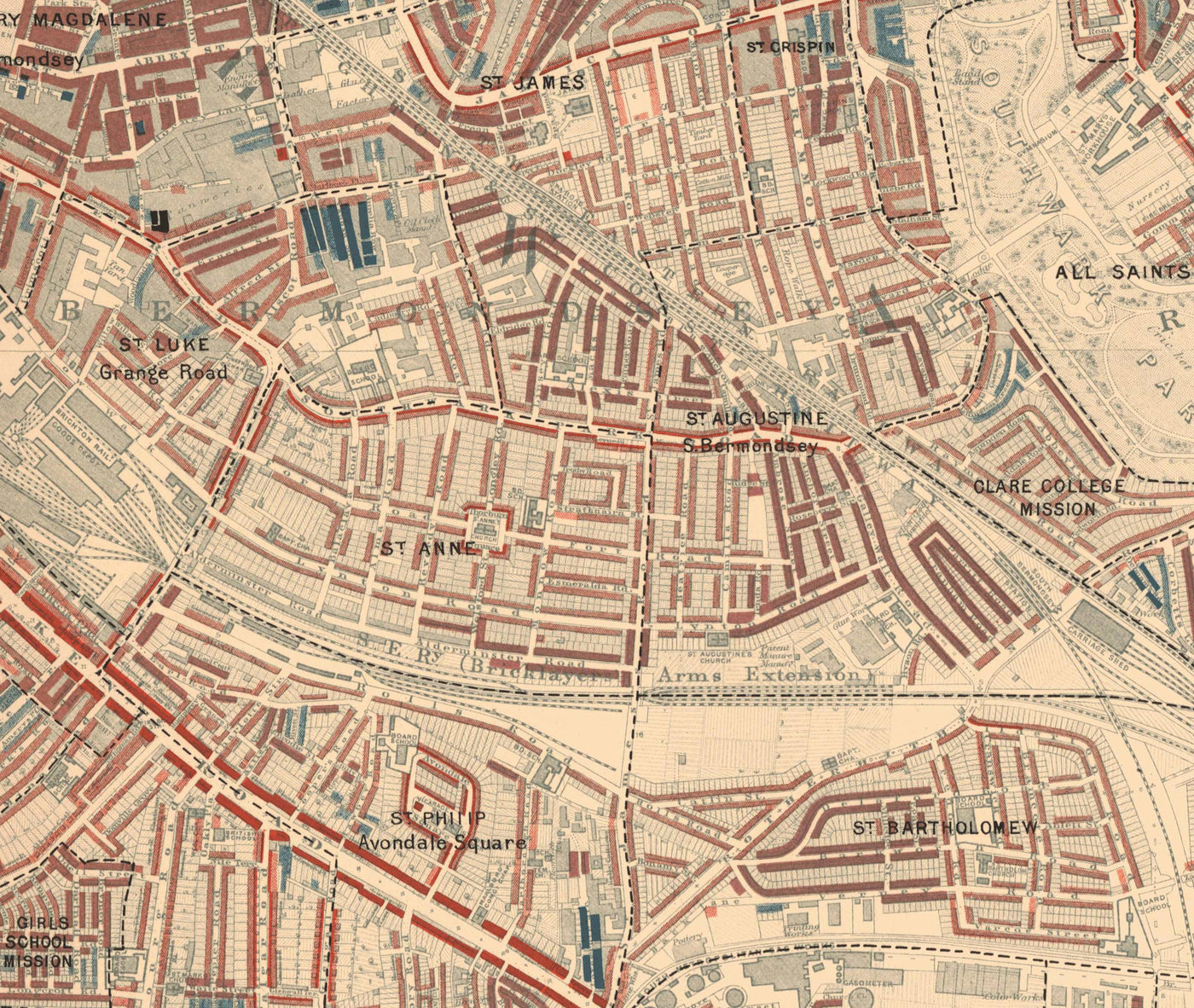 Mapa de la pobreza en Londres 1898-9, Inner Southern, por Charles Booth - Southwark, Waterloo, London Bridge, Camberwell, Peckham, Bermondsey - SE1, SE11, SE17, SE16, SE15