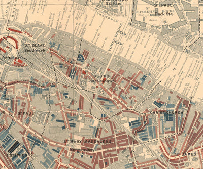 Mapa de la pobreza en Londres 1898-9, Inner Southern, por Charles Booth - Southwark, Waterloo, London Bridge, Camberwell, Peckham, Bermondsey - SE1, SE11, SE17, SE16, SE15