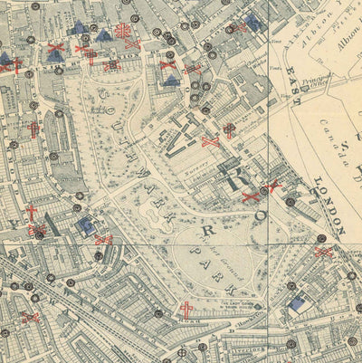 Old Map of London's Churches, Pubs and Schools in 1903 by Charles Booth - Westminster, City of London, Southwark, Isle of Dogs