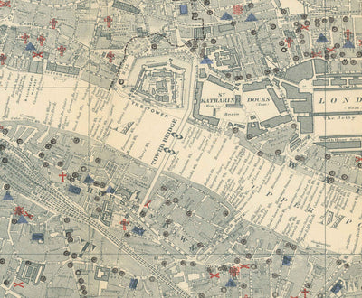 Ancienne carte des églises, pubs et écoles de Londres en 1903 par Charles Booth - Westminster, City of London, Southwark, Isle of Dogs