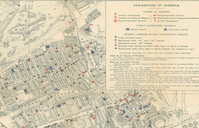 Alte Karte der Kirchen, Kneipen und Schulen Londons im Jahr 1903 von Charles Booth - Westminster, City of London, Southwark, Isle of Dogs