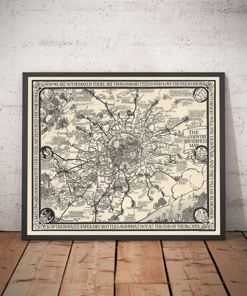 Mappa Monocromatica Antica di Londra, Sobborgo e Cintura dei Pendolari di Max Gill nel 1928 - "Lontane sono le nostre linee di autobus" 