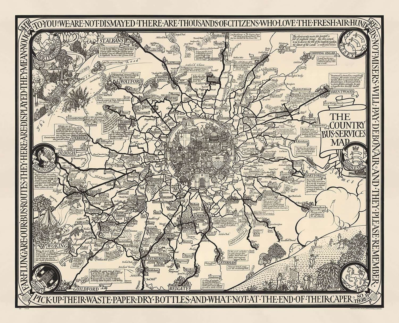 Viejo mapa monocromo de Londres, suburbios y cinturón de cercanías de Max Gill en 1928 - "Flow Flog son nuestras rutas de autobuses"
