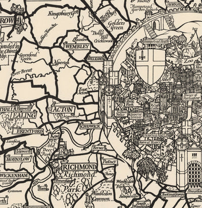Viejo mapa monocromo de Londres, suburbios y cinturón de cercanías de Max Gill en 1928 - "Flow Flog son nuestras rutas de autobuses"
