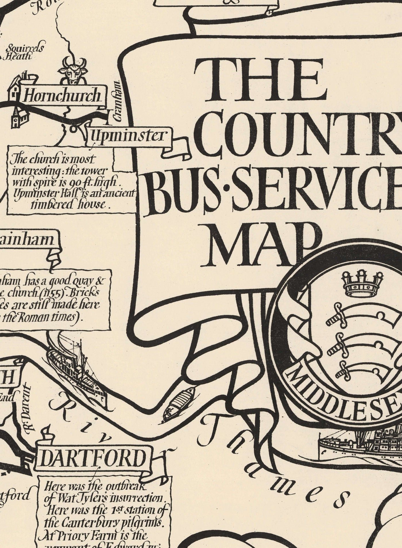 Alte monochrome Karte von London, Vororten & Pendlergürtel von Max Gill im Jahr 1928 - "Weitranker sind unsere Buslinien"