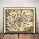 Old Pictorial Map of London, Suburbs & Commuter Belt, 1928, by Max Gill - "Far flung are our bus routes"