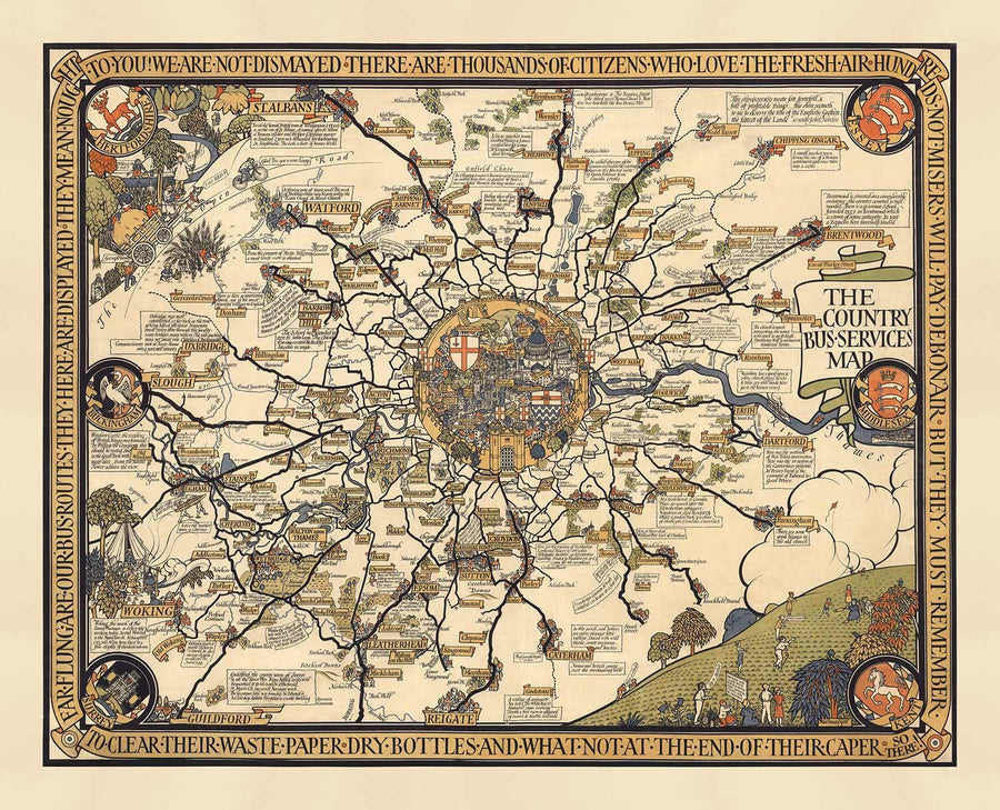 Vecchia mappa pittorica di Londra, sobborghi e cintura dei pendolari, 1928, di Max Gill - "Lontane sono le nostre linee di autobus" 