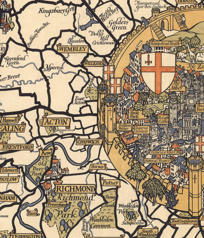 Alte bildliche Karte von London, Vororten & Pendlergürtel, 1928, von Max Gill - "Weitrick sind unsere Buslinien"