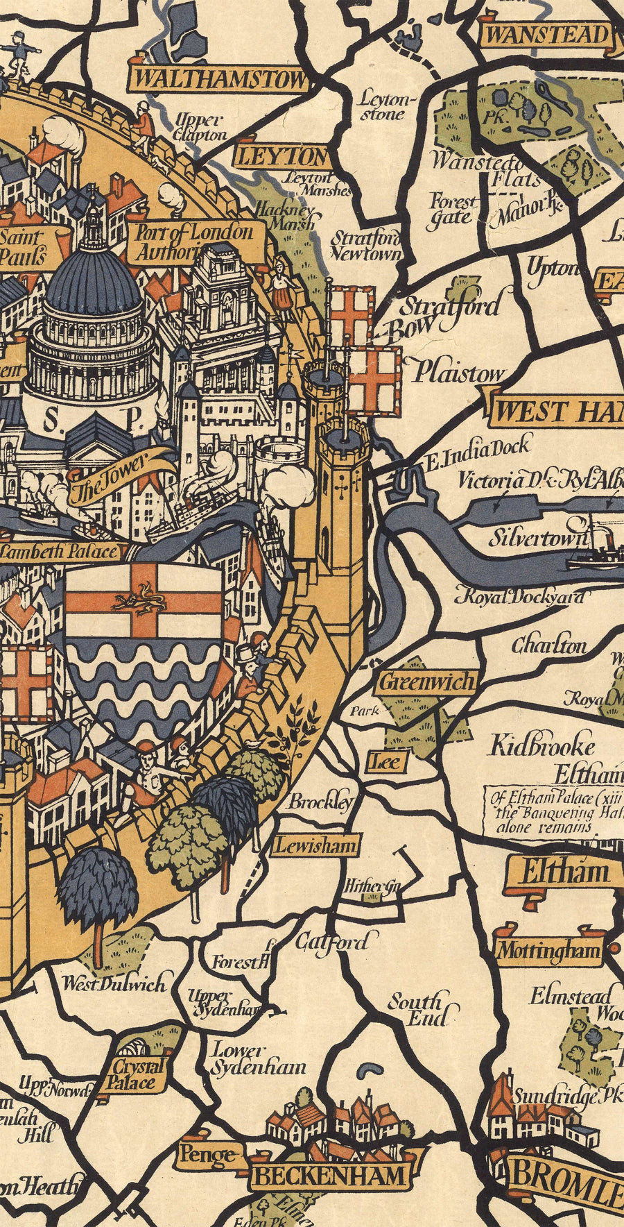 Vecchia mappa pittorica di Londra, sobborghi e cintura dei pendolari, 1928, di Max Gill - "Lontane sono le nostre linee di autobus" 