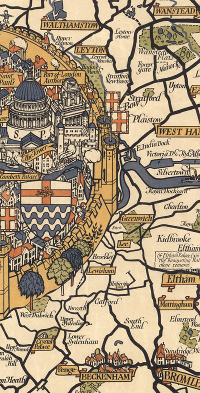 Viejo mapa pictórico de Londres, suburbios y cinturón de cercanías, 1928, por Max Gill - "Flow Flogs son nuestras rutas de autobús"