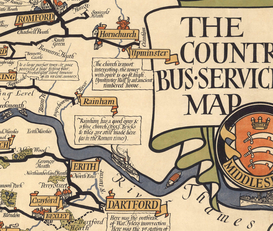 Vecchia mappa pittorica di Londra, sobborghi e cintura dei pendolari, 1928, di Max Gill - "Lontane sono le nostre linee di autobus" 