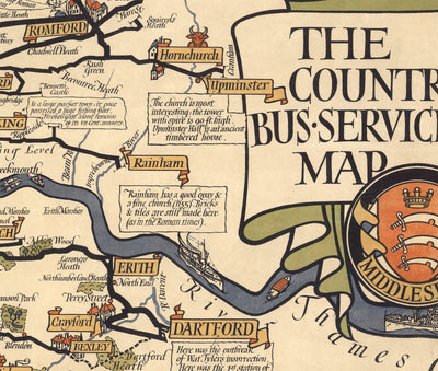 Viejo mapa pictórico de Londres, suburbios y cinturón de cercanías, 1928, por Max Gill - "Flow Flogs son nuestras rutas de autobús"