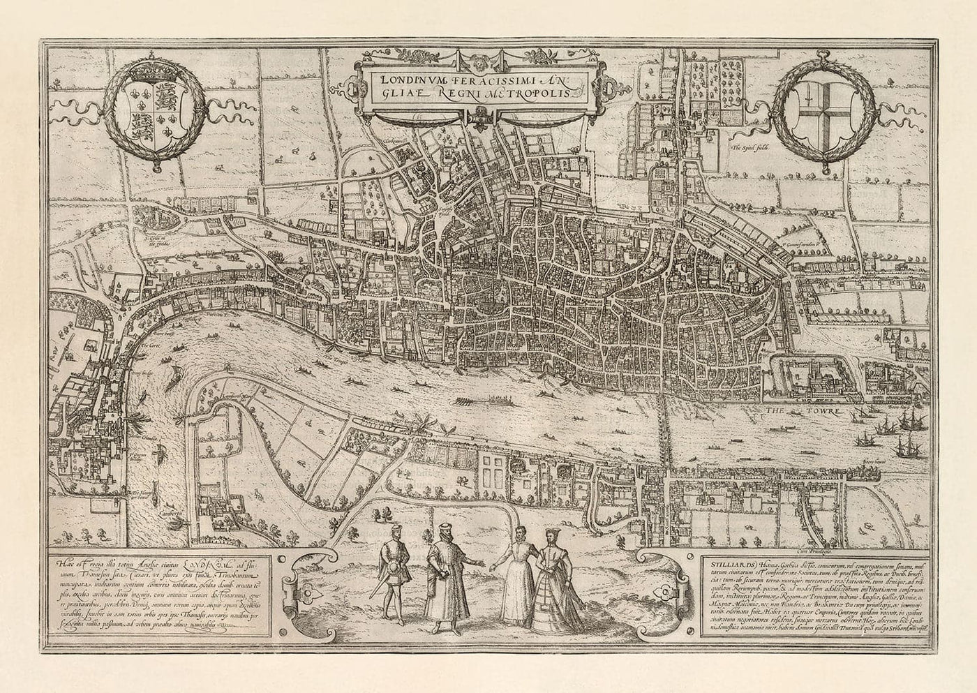 Très Old Map of London, 1572 par Georg Braun-City of London, Westminster, Southwark