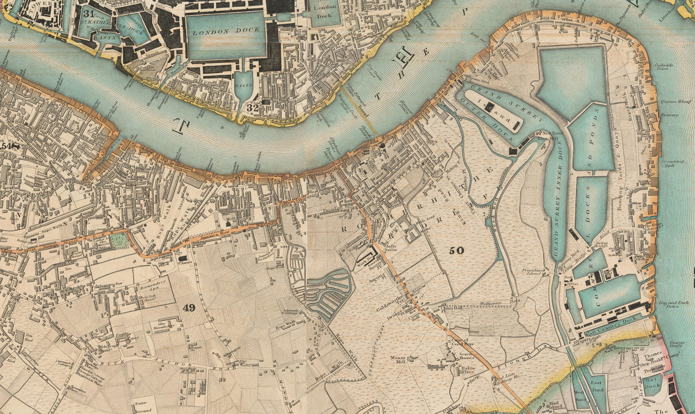 Gran mapa antiguo de Londres por C&J Greenwood, 1830 - Coloreado a mano