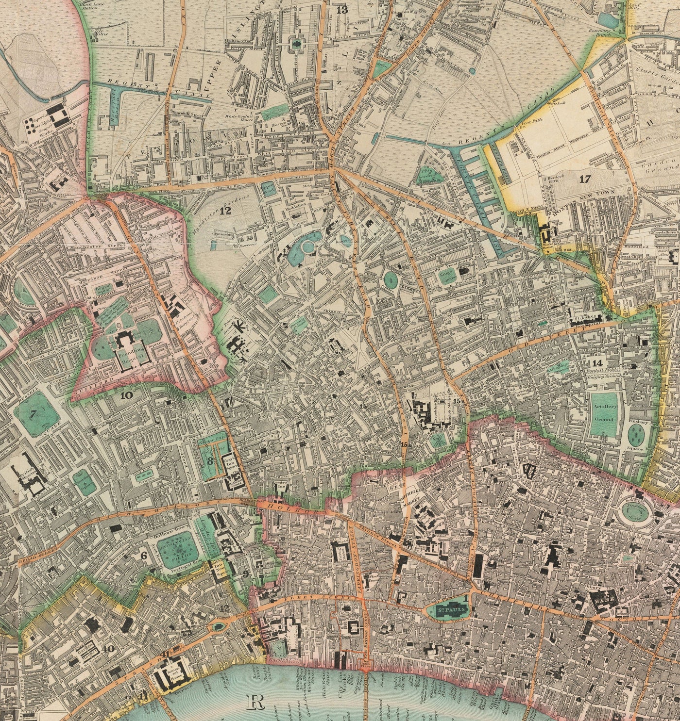 Grande carte ancienne de Londres par C&J Greenwood, 1830 - colorée à la main