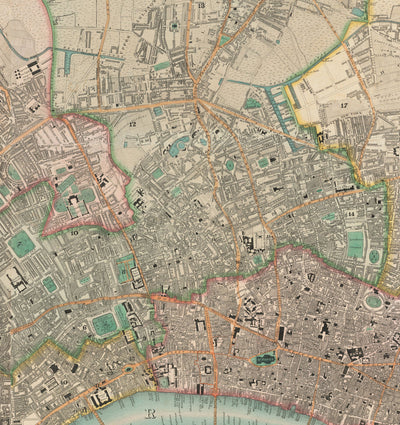 Gran mapa antiguo de Londres por C&J Greenwood, 1830 - Coloreado a mano