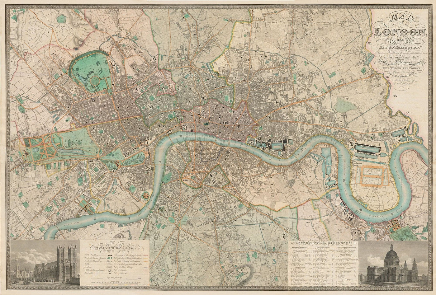 Carte ancienne personnalisée de Londres par C&J Greenwood, 1830