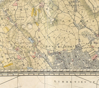 Rare ancienne carte de Londres et de banlieues, 1799 par Milne - City, Hackney, Westminster, Dalston, Hampstead, Fields