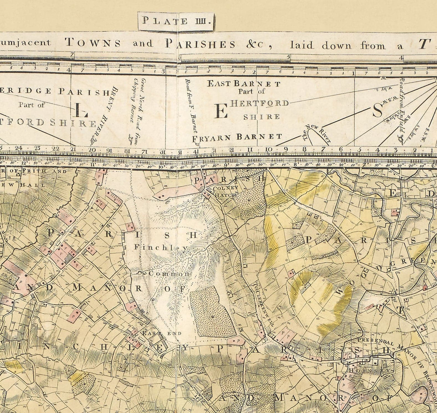 Mapa antiguo raro de Londres y suburbios, 1799 por Milne - Ciudad, Hackney, Westminster, Dalston, Hampstead, Campos