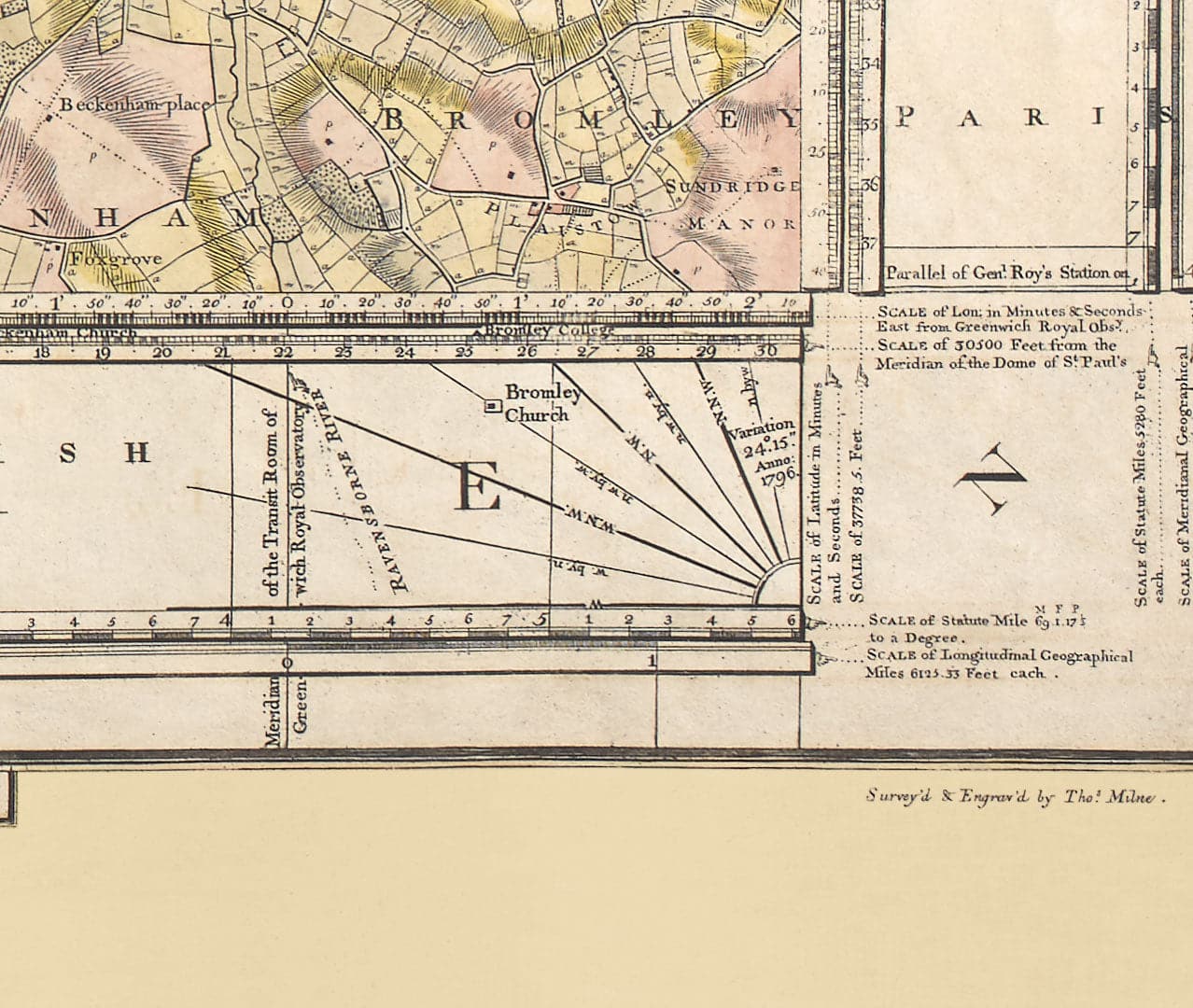 Seltene alte Karte von London und Vororten, 1799 von Milne - Chelsea, Lambeth, Southwark, Kensington, Richmond, Felder