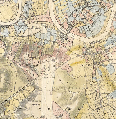 Mapa antiguo raro de Londres y suburbios, 1799 por Milne - Chelsea, Lambeth, Southwark, Kensington, Richmond, Campos