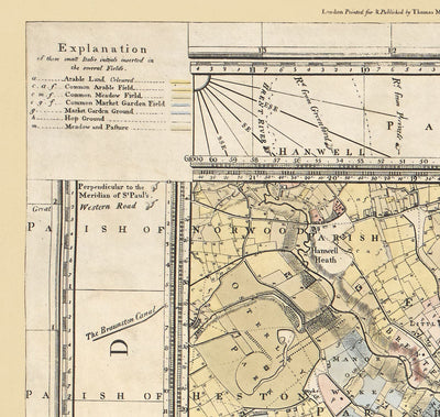 Mapa antiguo raro de Londres y suburbios, 1799 por Milne - Chelsea, Lambeth, Southwark, Kensington, Richmond, Campos