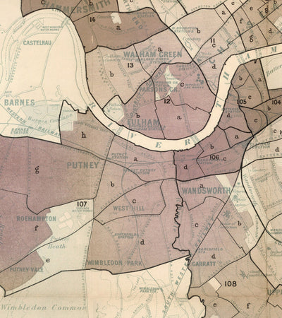 Mapa de la pobreza en Londres, 1889 por Charles Booth - Centro, Sur, Oeste, Norte, Este - Antiguo gráfico mural de la ciudad histórica