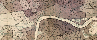 Mapa de la pobreza en Londres, 1889 por Charles Booth - Centro, Sur, Oeste, Norte, Este - Antiguo gráfico mural de la ciudad histórica