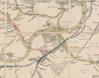 Old London Trainline Mapa, 1899 - Gráfico de la casa de despeje de ferrocarriles - Piccadilly temprano, círculo, distrito, líneas de tubo subterráneo