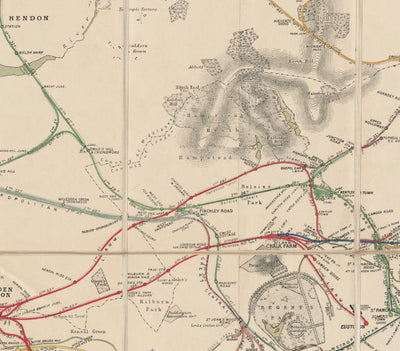 Old London Trainline Mapa, 1899 - Gráfico de la casa de despeje de ferrocarriles - Piccadilly temprano, círculo, distrito, líneas de tubo subterráneo