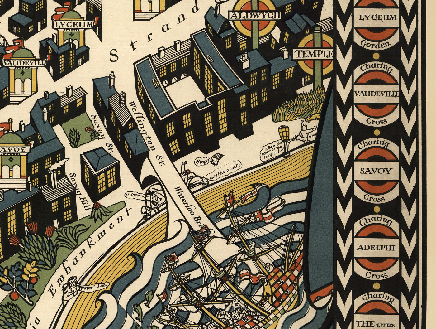 Mapa antiguo de Londres West End, 1915 por Max Gill - "Theatreland" Mapa de tubos subterráneos