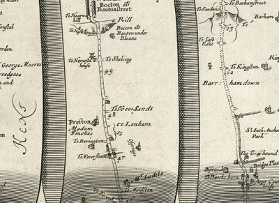 Alte Straßenkarte von London nach Dover, 1645 von John Ogilby - Historische Kent A2 Reisekarte