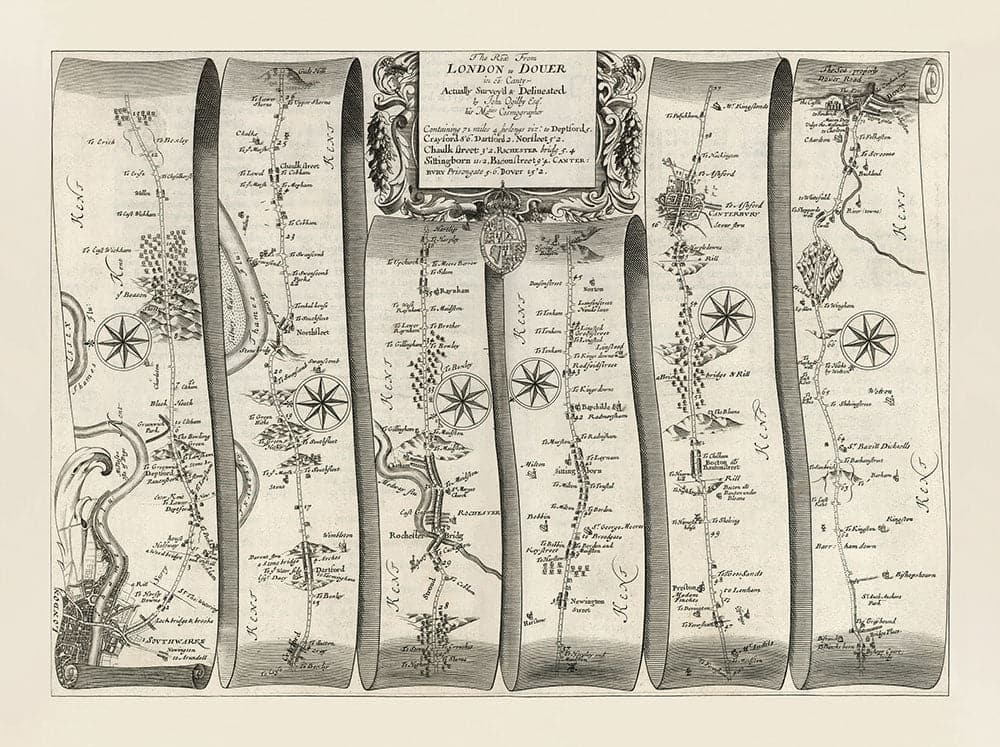 Ancienne feuille de route de Londres à Dover, 1645 par John Ogilby - Historic Kent A2 Voyage Carte