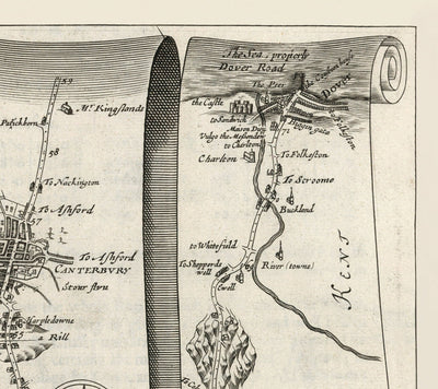 Ancienne feuille de route de Londres à Dover, 1645 par John Ogilby - Historic Kent A2 Voyage Carte