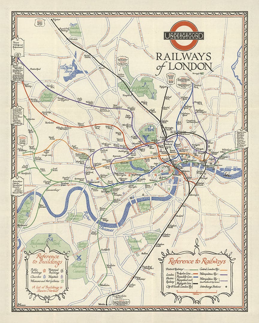 Seltene alte Londoner U-Bahn-Tube-Karte, 1928 - Covent Garden, Piccadilly Circus, Central & District Line