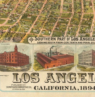 Mapa de ojos Old Birds de Los Ángeles en 1894 por BW Pierce - Downtown, Histórico Sur, Pico, Inglewood, Océano Pacífico