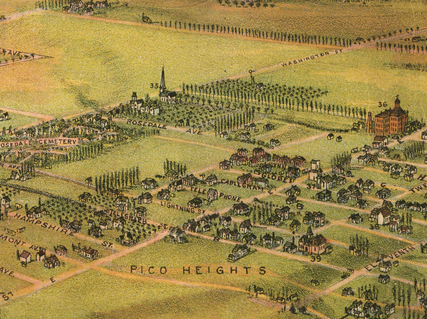 Old Birds Eye Map of Los Angeles in 1894 by BW Pierce - Downtown, Hist ...