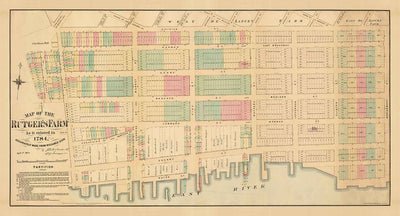 Ancienne carte du Lower East Side et des deux ponts, NYC 1874 - Rues de Manhattan, Ferme de Rutger, East River