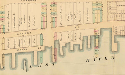 Mapa antiguo del Lower East Side y dos puentes, NYC 1874 - Calles de Manhattan, Rutger's Farm, East River