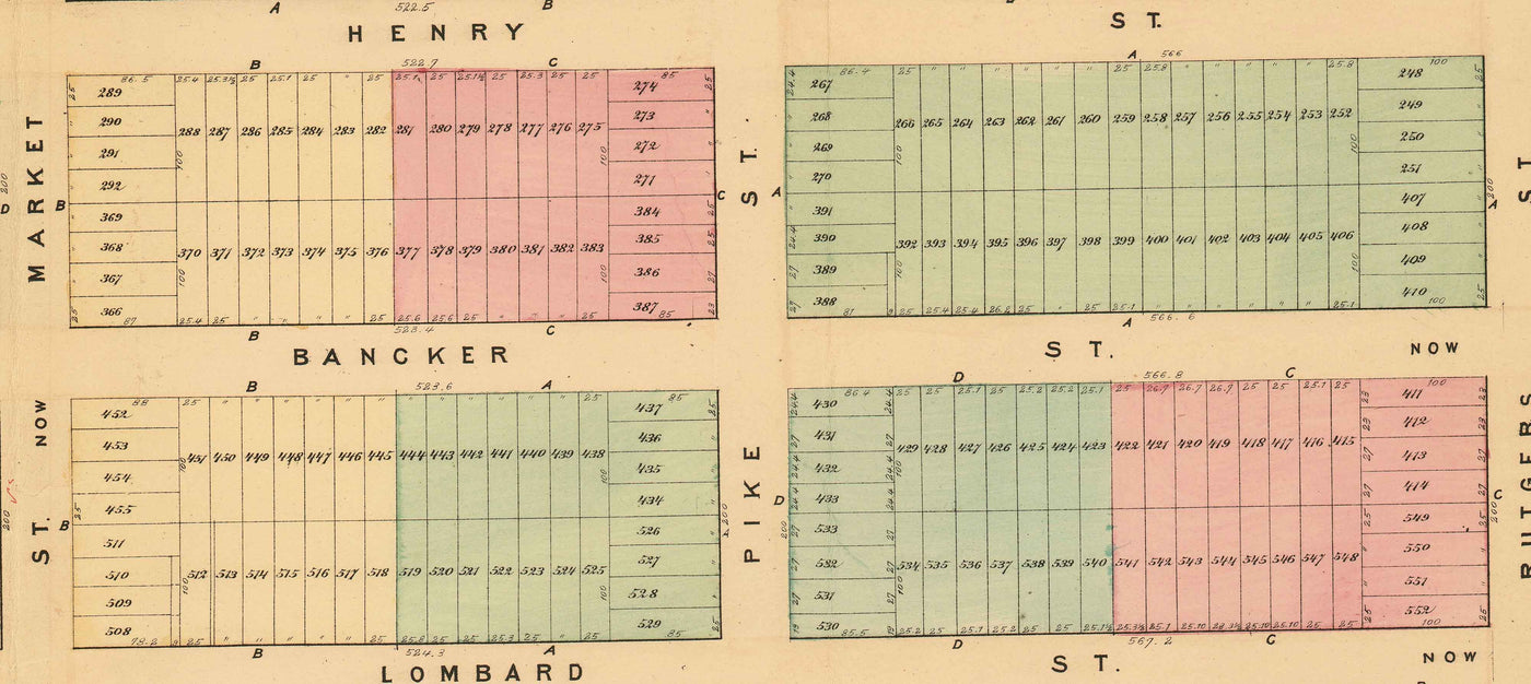 Ancienne carte du Lower East Side et des deux ponts, NYC 1874 - Rues de Manhattan, Ferme de Rutger, East River