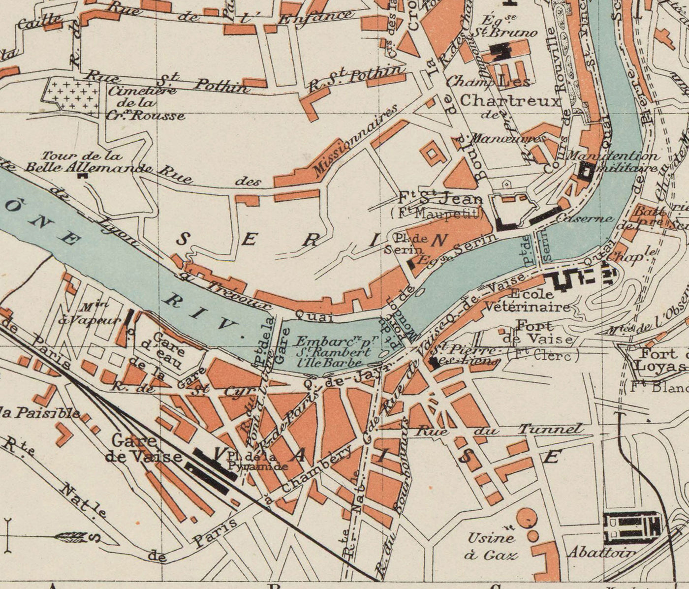 Plan ancien de Lyon, France en 1888 par Louis-Francois - La Basilique Notre Dame, le Rhône, la Saône, le Parc de la Tete d'Or, la Place des Terreaux