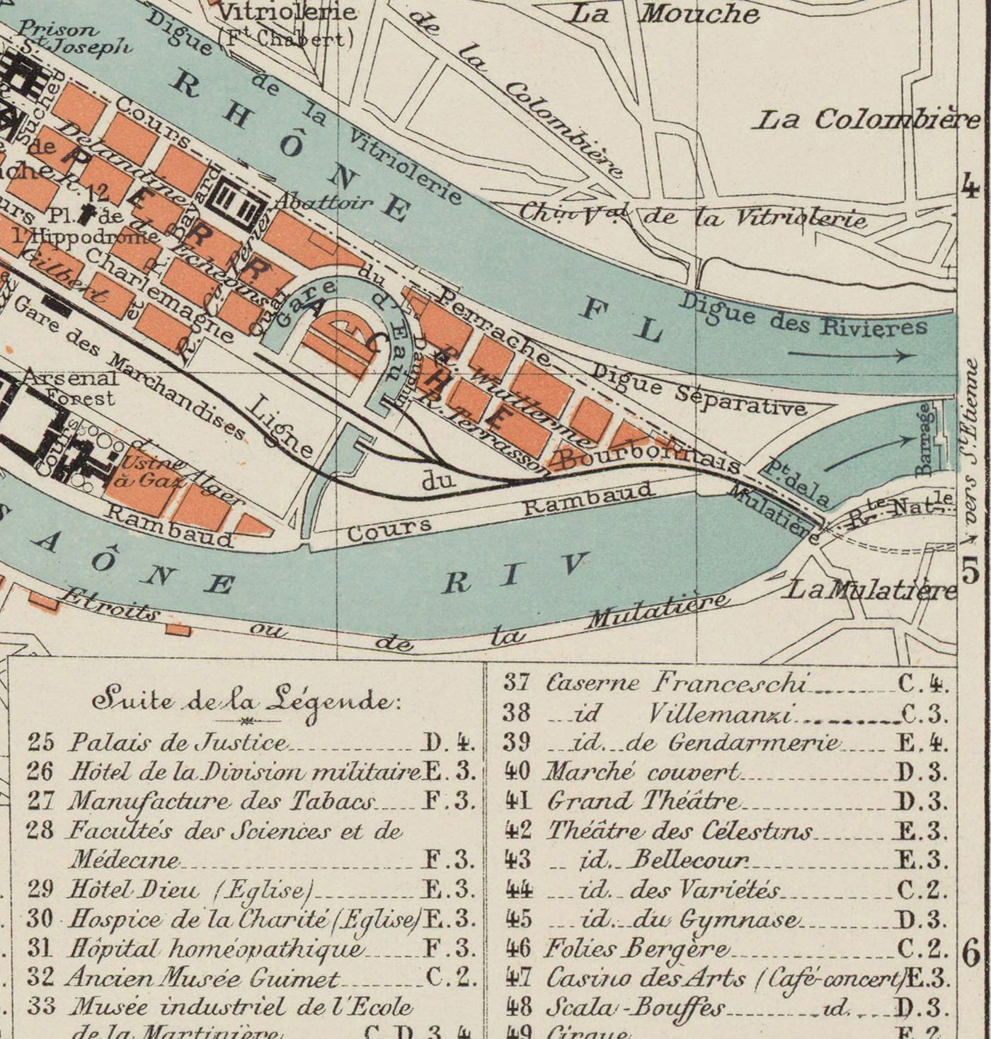 Alte Karte von Lyon, Frankreich im Jahr 1888 von Louis-Francois - La Basilique Notre Dame, Fluss Rhone, Saone, Parc de la Tete d'Or, Place des Terreaux