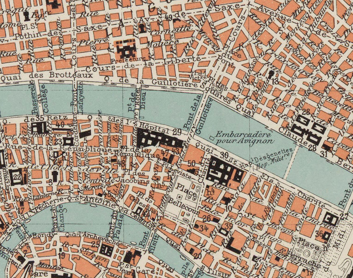 Old Map of Lyon, France in 1888 by Louis-Francois - La Basilique Notre Dame, River Rhone, Saone, Parc de la Tete d'Or, Place des Terreaux